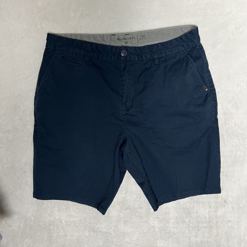 Quiksilver Shorts Mens 34 Blue Chino 8 Inseam Flat Front Casual Logo Pockets